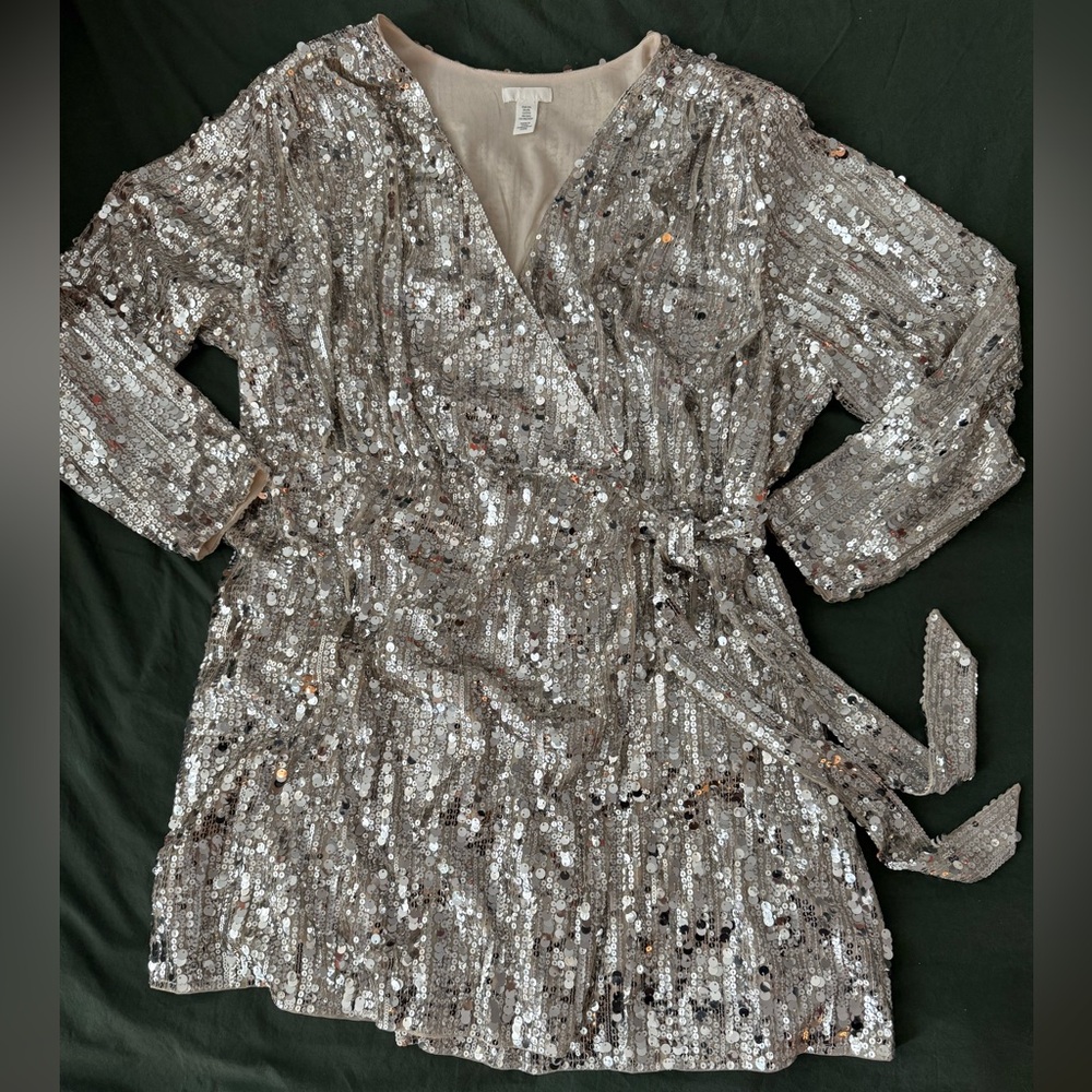 Silver sparkle Sequin knee length Wrap Dress